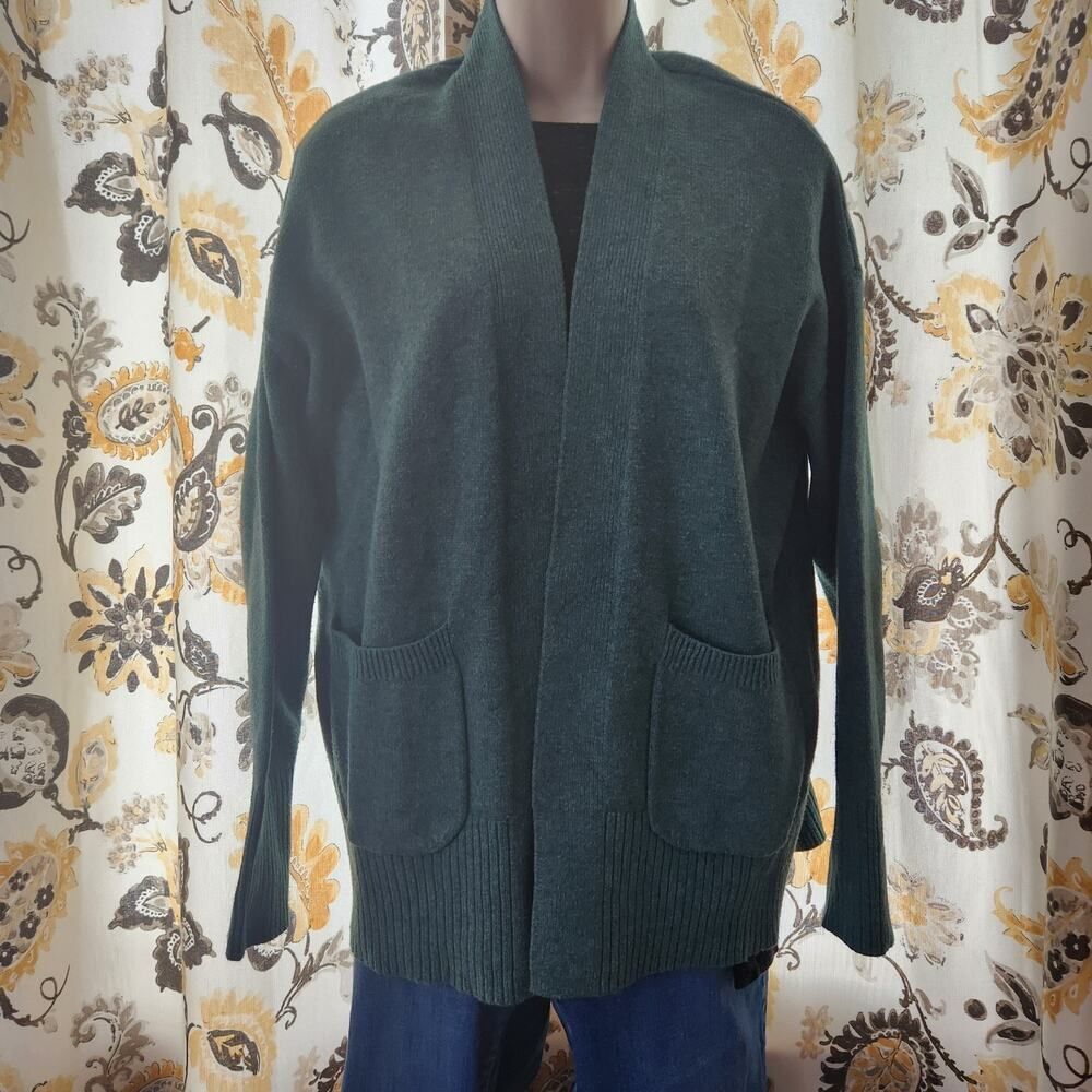 A New Day Open Cardigan Sweater Womens Medium Green Pockets Cotton Blend